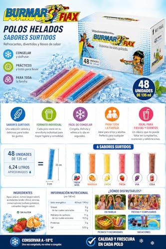 Burmar Flax Polos Helados Sabores Surtidos Pack de 48 x 135 ml | Ice Pops Congelables de Frutas | Helados Refrescantes para Niños y Adultos | Total 6,48 L|B0H2B6SKCT