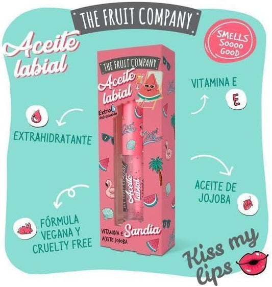 The Fruit Company Pack de 4 – Aceite labial aroma sandia, Hidratación Intensa y Aroma Frutal Fórmula Extra Hidratante Aceite de Jojoba Vitamina E Protege Todo el Día Formula Vegana Cruelty Free