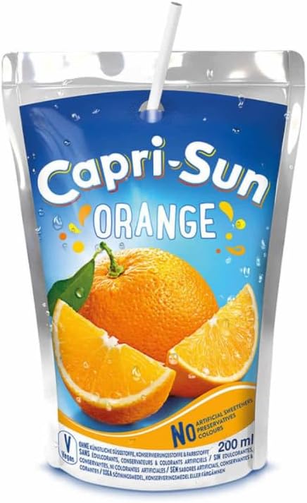 Bebida Capri-Sun Naranja, Pack de 10 x 200 ml, Bebida en bolsa con pajita, Sin conservantes ni colorantes artificiales, Tamaño individual para llevar