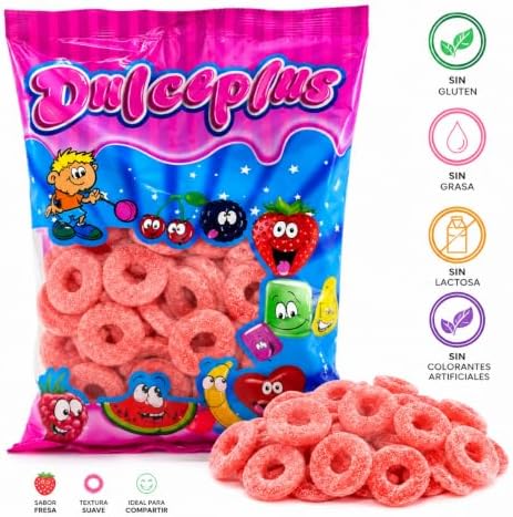 Dulceplus Aros Fresa Pica 1 Kg – Gominolas Sabor Fresa con Azúcar Ácido, Chuches Blandas en Forma de Aro, Golosinas para Mesas Dulces, Cumpleaños, Fiestas, Eventos y Celebraciones|B0H5TCX59Y