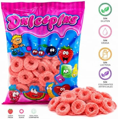 Dulceplus Aros Fresa Pica 1 Kg – Gominolas Sabor Fresa con Azúcar Ácido, Chuches Blandas en Forma de Aro, Golosinas para Mesas Dulces, Cumpleaños, Fiestas, Eventos y Celebraciones|B0H5TCX59Y