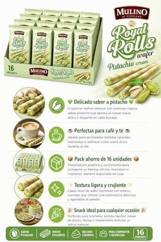 Mulino Royal Rolls Wafer Pistachio Cream Pack de 16 | Galletas Wafer Crujientes con Crema de Pistacho | Snack Dulce Gourmet para Café y Meriendas|B0H1QY95KJ