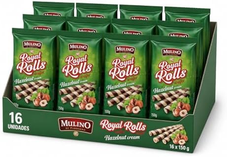 Mulino Royal Rolls Wafer Hazelnut Cream Pack de 16 | Galletas Wafer Crujientes con Crema de Avellana | Snack Dulce para Café y Meriendas|B0H1QSPK73