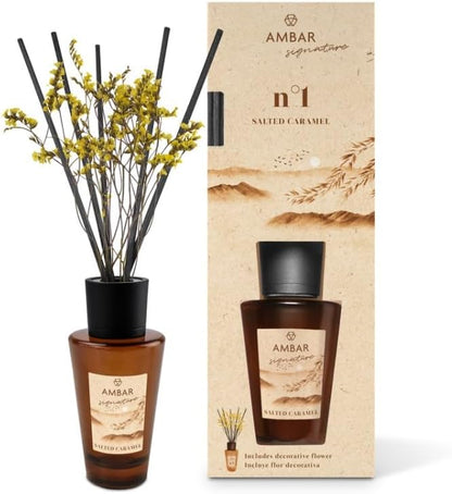 Pack 4 Ambientadores Mikado Ambar Signature nº1 Salted Caramel 85 ml | Difusor de Varillas con Flor Decorativa | Aroma Caramelo Salado, Crema de Leche y Coco Vainilla | Fragancia Hogar Duradera