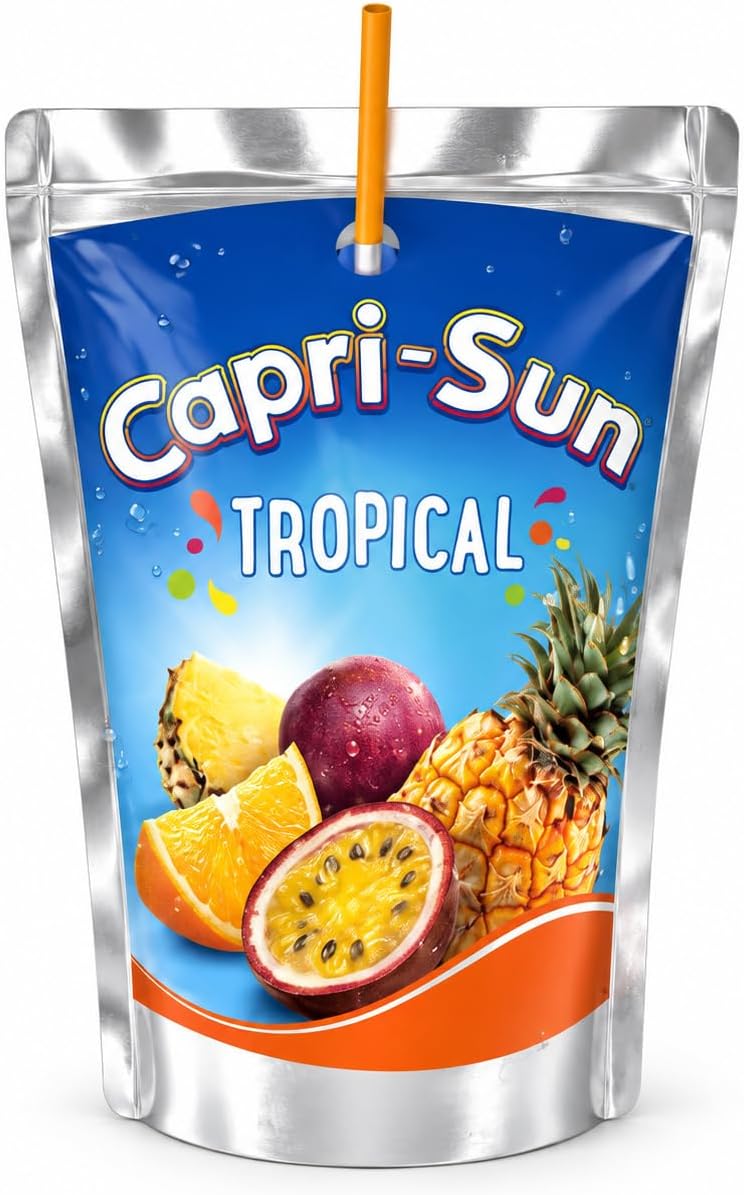 Bebidas Capri-Sun sabor tropical, paquete de 10 x 200 ml, bebida en bolsa con pajita, sin conservantes ni colorantes artificiales, formato individual para llevar.
