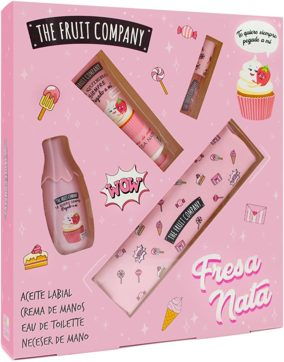 The Fruit Company Set Pack Regalo Fresa y Nata, Aceite Labial, Crema de Manos, Colonia Eau de Toilette, Neceser de Mano. Edición Navidad.