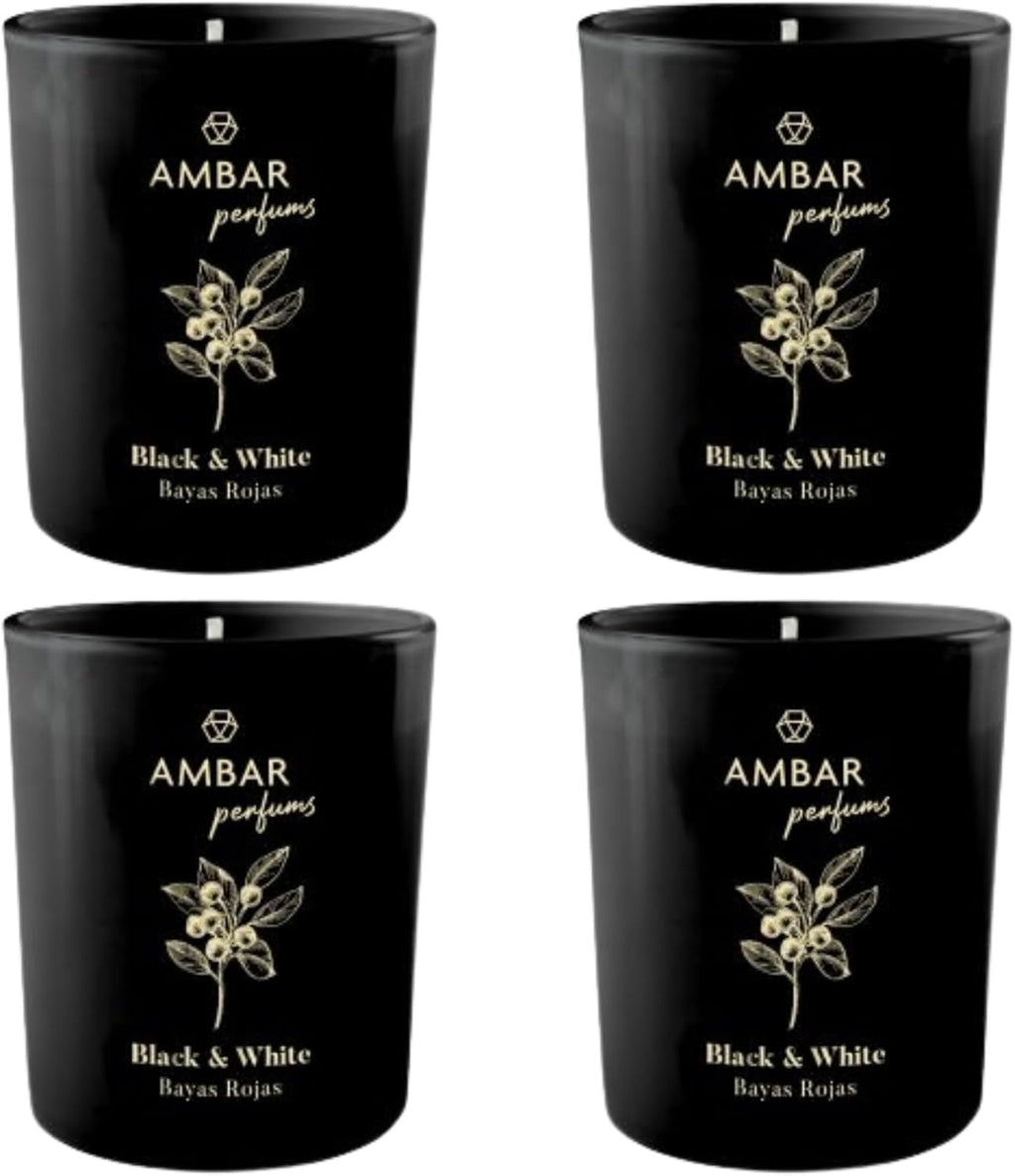 Ambar Perfums Vela Perfumada Black & White Bayas Rojas – Aroma Dulce para Hogar sin Alcohol – Hasta 45 Días de Fragancia – 125 g – Pack de 4 Velas