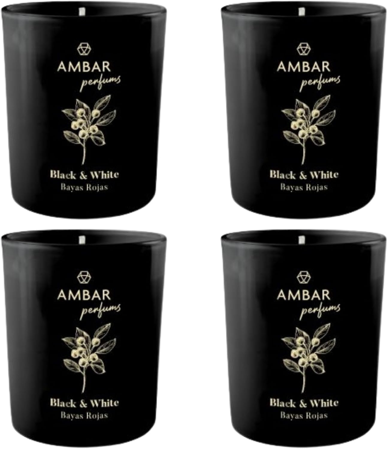 Ambar Perfums Vela Perfumada Black & White Bayas Rojas – Aroma Dulce para Hogar sin Alcohol – Hasta 45 Días de Fragancia – 125 g – Pack de 4 Velas