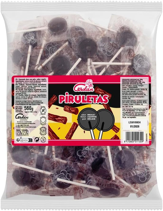 Caramelos Cerdán - Piruletas | Sabor a regaliz | Bolsa de 100 unidades aprox.
