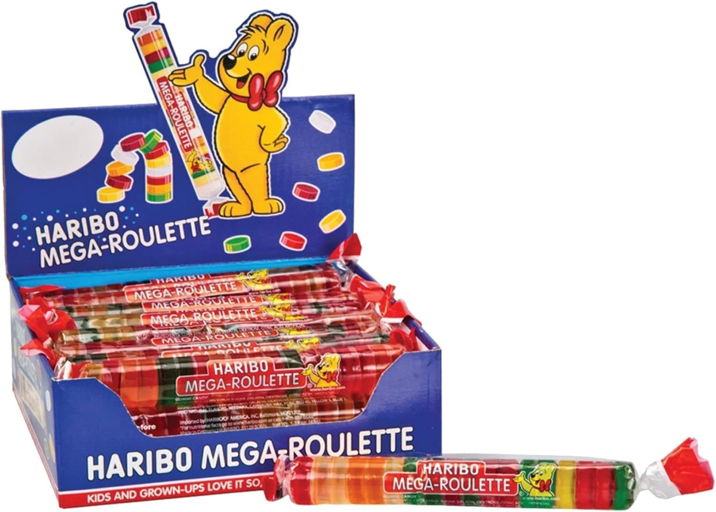 Haribo Mega-Roulette 24 Unidades | Rollos de Gominolas de Sabores Surtidos | Caja Expositora para Fiestas, Cumpleaños y Candy Bar