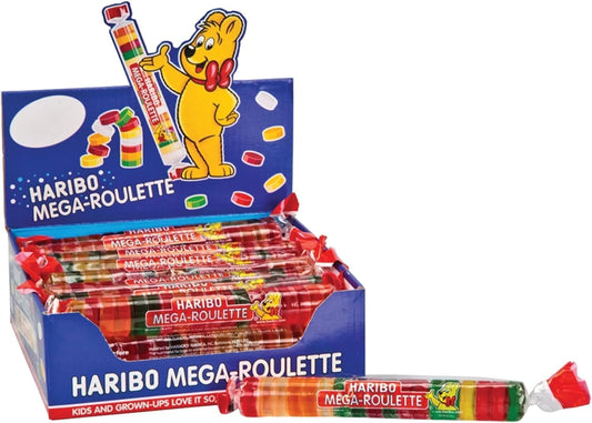 Haribo Mega-Roulette 24 Unidades | Rollos de Gominolas de Sabores Surtidos | Caja Expositora para Fiestas, Cumpleaños y Candy Bar