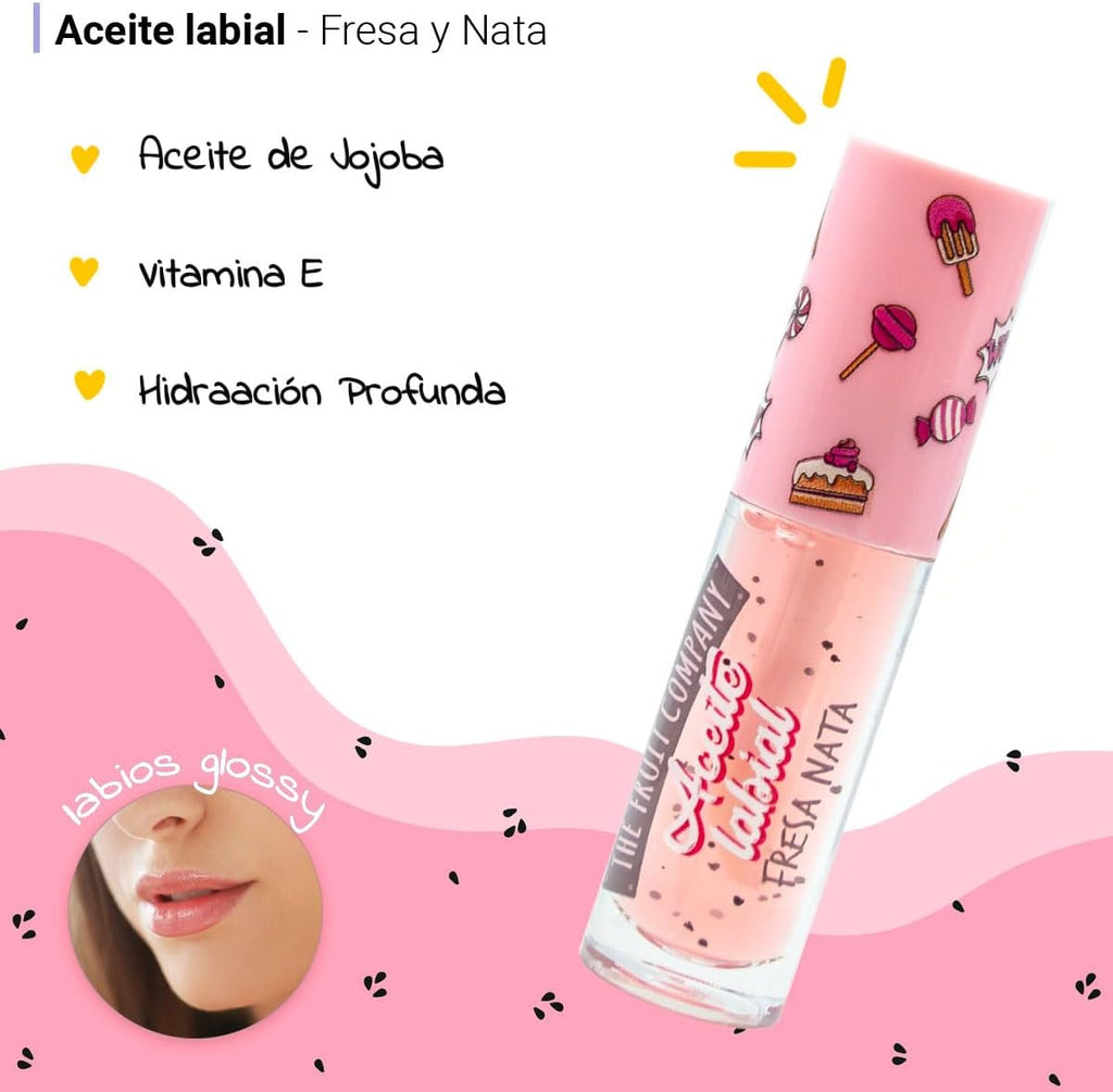 The Fruit Company Set Pack Regalo Fresa y Nata, Aceite Labial, Crema de Manos, Colonia Eau de Toilette, Neceser de Mano. Edición Navidad.