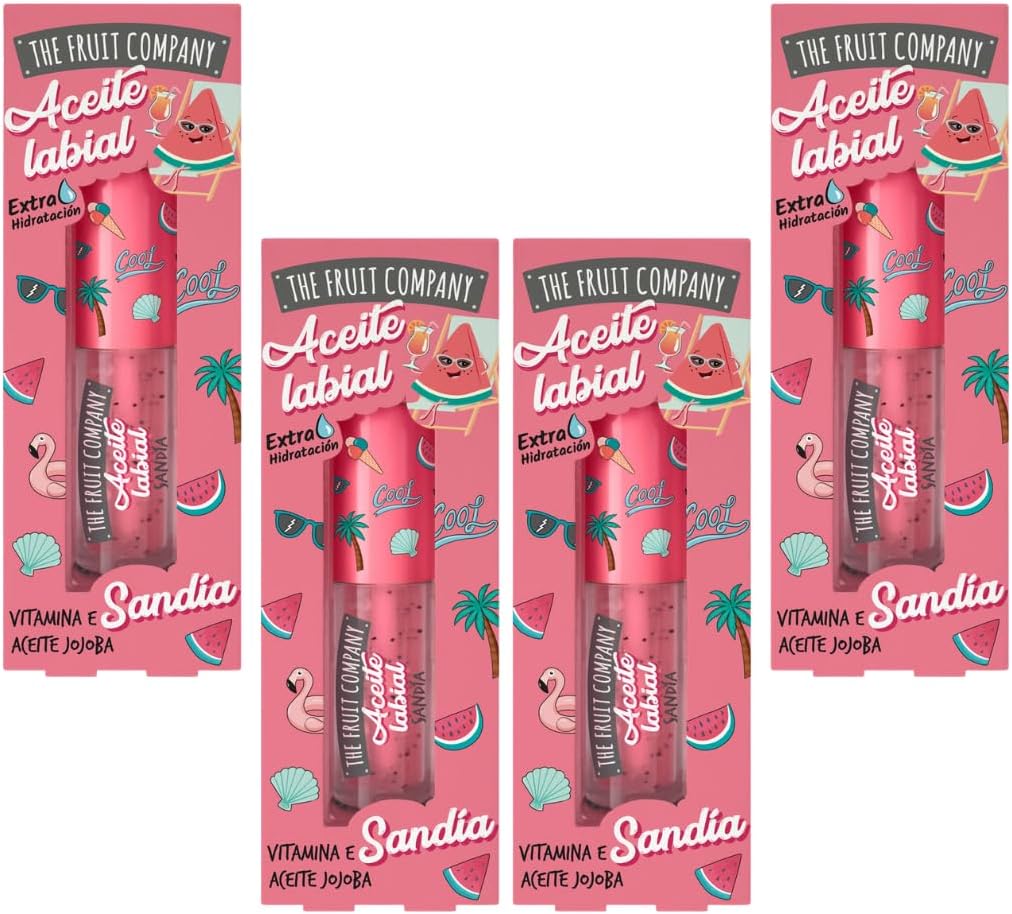 The Fruit Company Pack de 4 – Aceite labial aroma sandia, Hidratación Intensa y Aroma Frutal Fórmula Extra Hidratante Aceite de Jojoba Vitamina E Protege Todo el Día Formula Vegana Cruelty Free