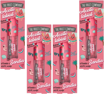 The Fruit Company Pack de 4 – Aceite labial aroma sandia, Hidratación Intensa y Aroma Frutal Fórmula Extra Hidratante Aceite de Jojoba Vitamina E Protege Todo el Día Formula Vegana Cruelty Free