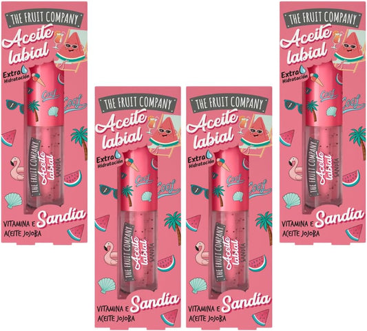 The Fruit Company Pack de 4 – Aceite labial aroma sandia, Hidratación Intensa y Aroma Frutal Fórmula Extra Hidratante Aceite de Jojoba Vitamina E Protege Todo el Día Formula Vegana Cruelty Free