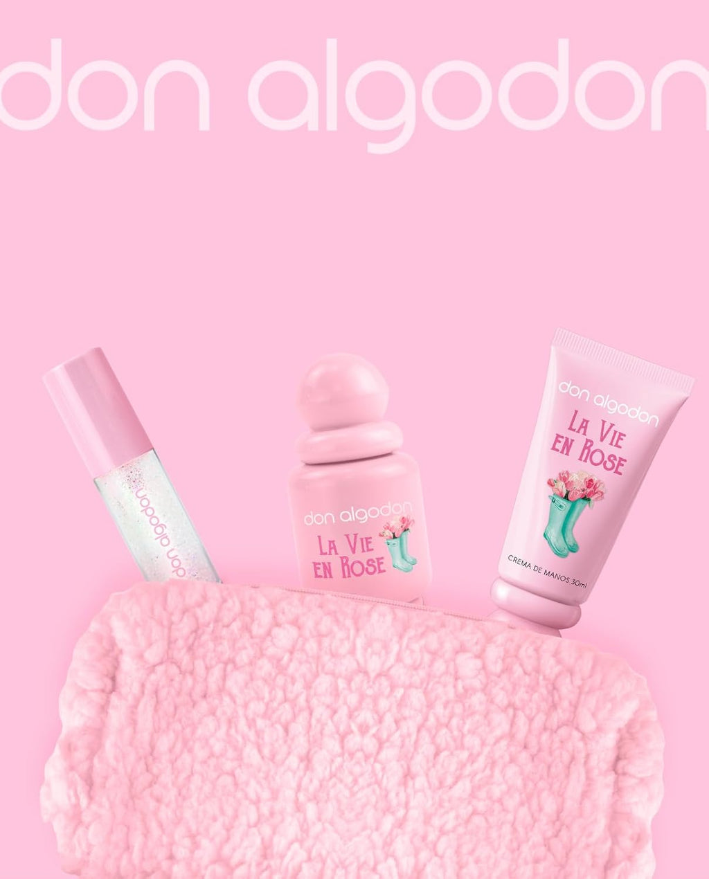 Set La Vie en Rose Don Algodón Mujer Mini Incluye la fragancia La Vie en Rose 30 ml, iluminador, crema de manos perfumada y un encantador neceser de borreguito.