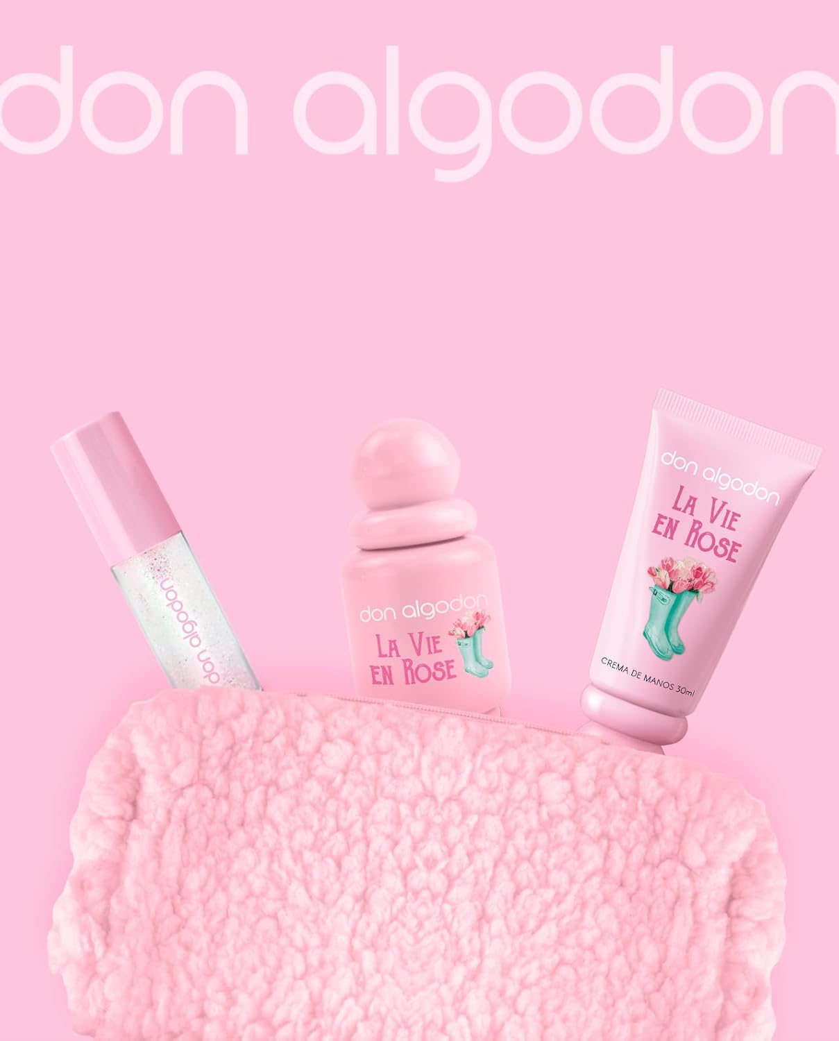 Set La Vie en Rose Don Algodón Mujer Mini Incluye la fragancia La Vie en Rose 30 ml, iluminador, crema de manos perfumada y un encantador neceser de borreguito.