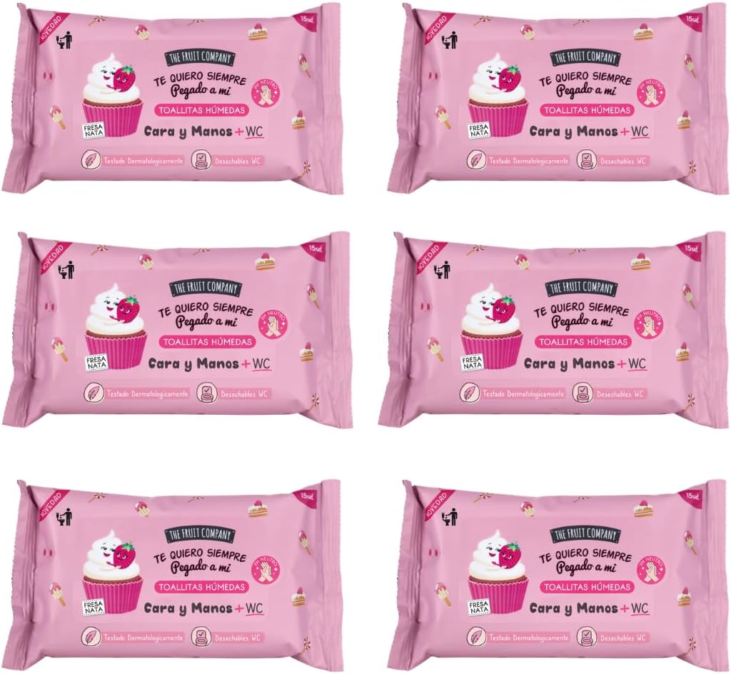 Toallitas Húmedas Fresa Nata Pack 6 x 15 uds – The Fruit Company | Cara, Manos y WC, PH Neutro, Con Aloe Vera y Vitamina E, Desechables