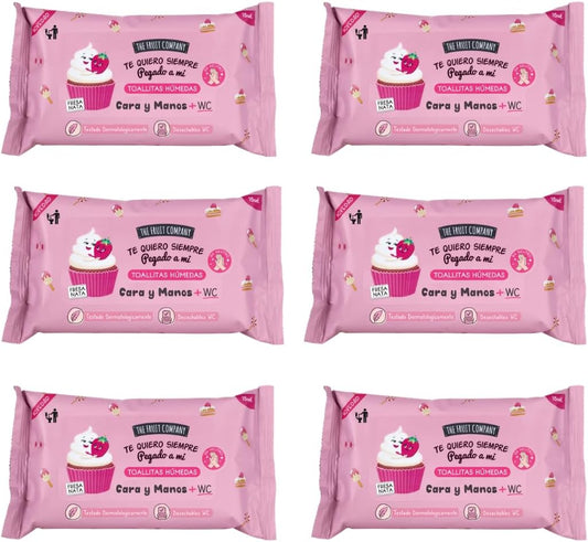 Toallitas Húmedas Fresa Nata Pack 6 x 15 uds – The Fruit Company | Cara, Manos y WC, PH Neutro, Con Aloe Vera y Vitamina E, Desechables