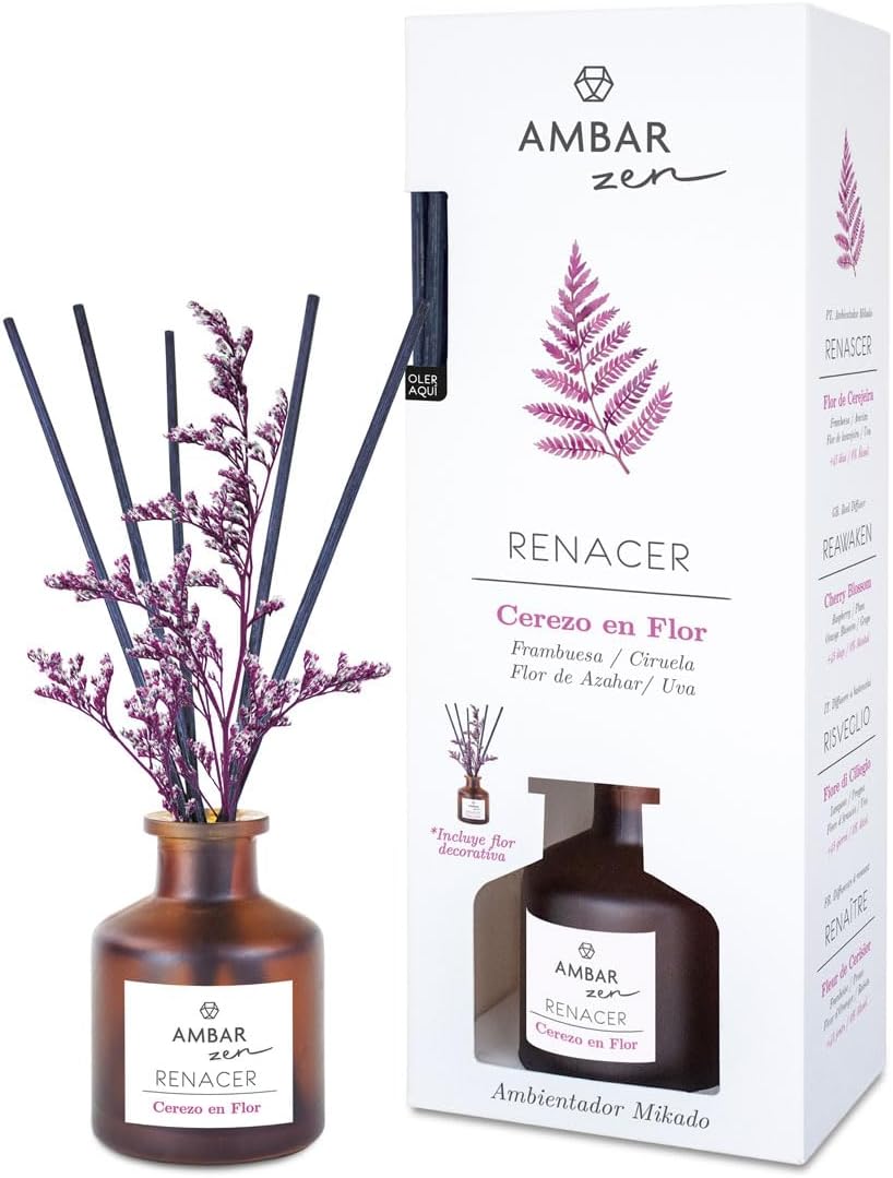 Pack de Aromatización Cerezo en flor Frambuesa, Ciruela, Flor de Azahar y Uva- Spray 225ml,Esencia Humidificador 50ml y Mikado 40ml +vela aromatica Fragancia para el Hogar Aromaterapia