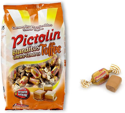 Intervan Pictolin Blanditos Toffee 1 kg | Caramelos Masticables Sabor Toffee | Dulces Blandos Envueltos Individualmente y Sin Gluten