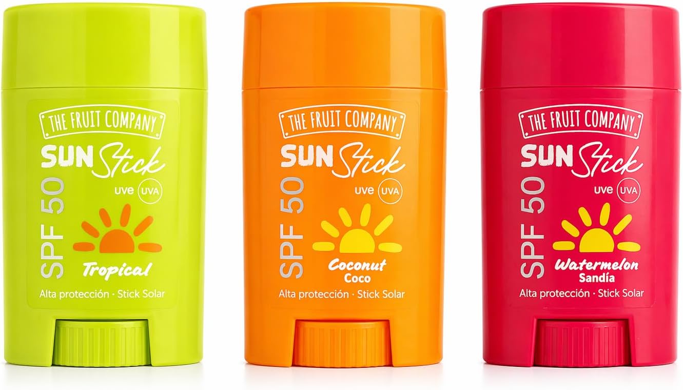 Protector Solar en Stick SPF 50 Pack 3 Sabores 60g – Coconut, Tropical y Watermelon | The Fruit Company Sun Stick Alta Protección UVA