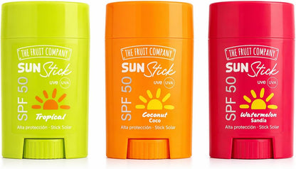 Protector Solar en Stick SPF 50 Pack 3 Sabores 60g – Coconut, Tropical y Watermelon | The Fruit Company Sun Stick Alta Protección UVA