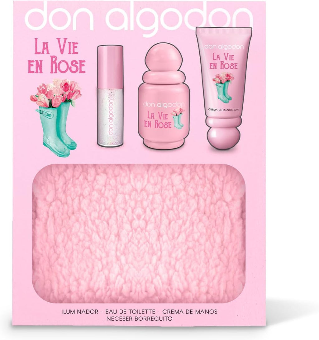 Set La Vie en Rose Don Algodón Mujer Mini Incluye la fragancia La Vie en Rose 30 ml, iluminador, crema de manos perfumada y un encantador neceser de borreguito.