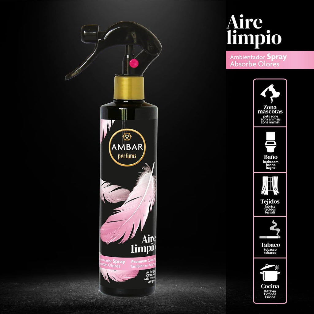 Ambar Perfums - Ambientador Spray Absorbe Olores Aire Limpio Pack de 4 uds de 280 ml.