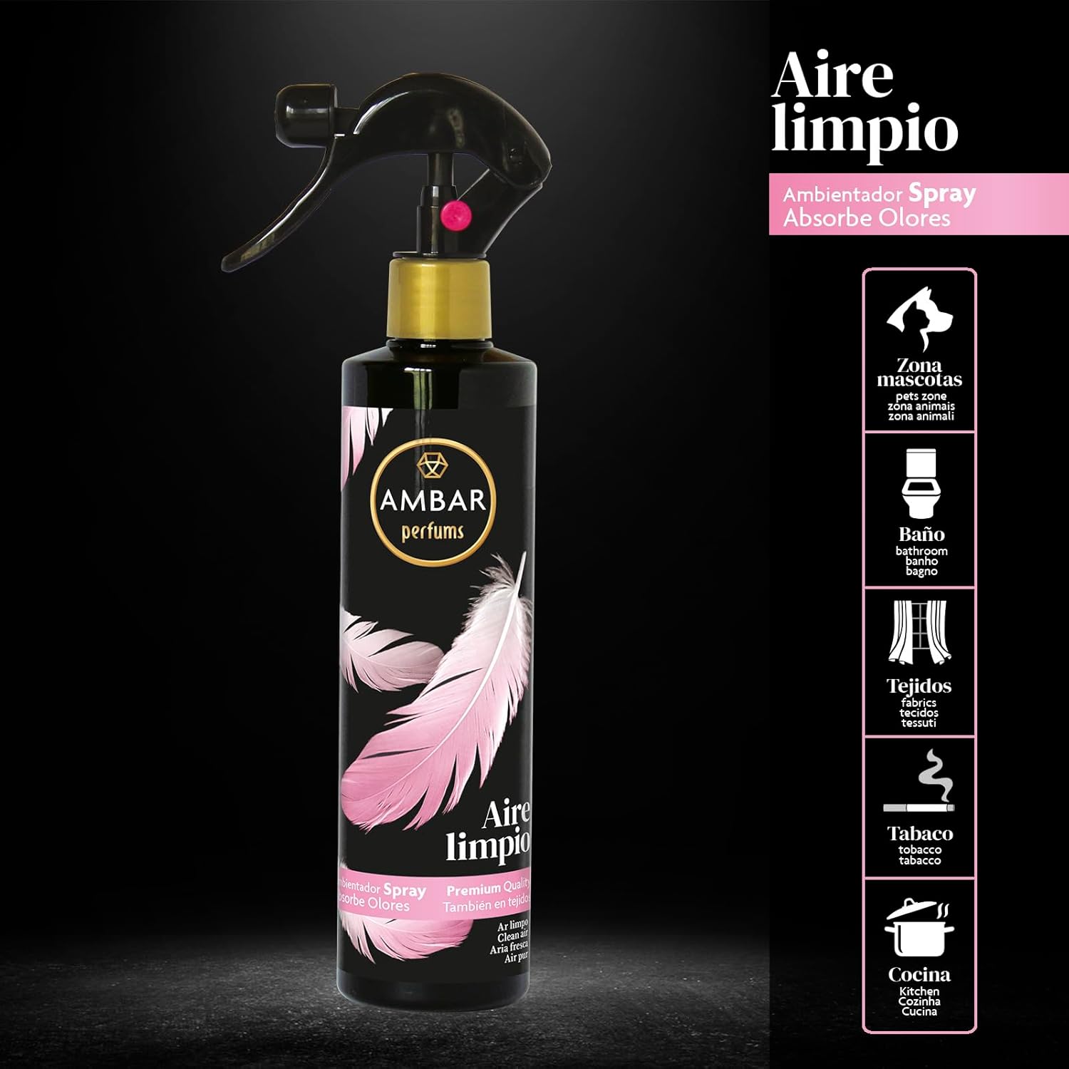 Ambar Perfums - Ambientador Spray Absorbe Olores Aire Limpio Pack de 4 uds de 280 ml.