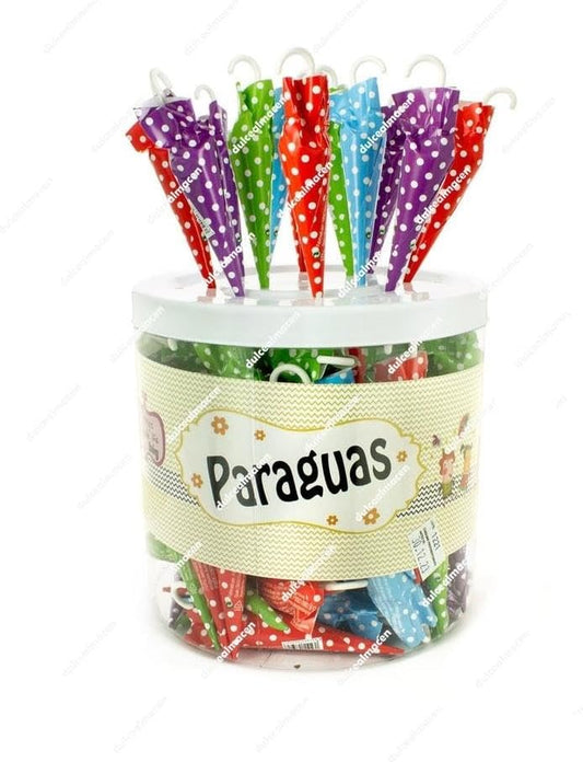 Paraguas chocolate con leche pack 100 unidades tarro plástico chuches Golominas
