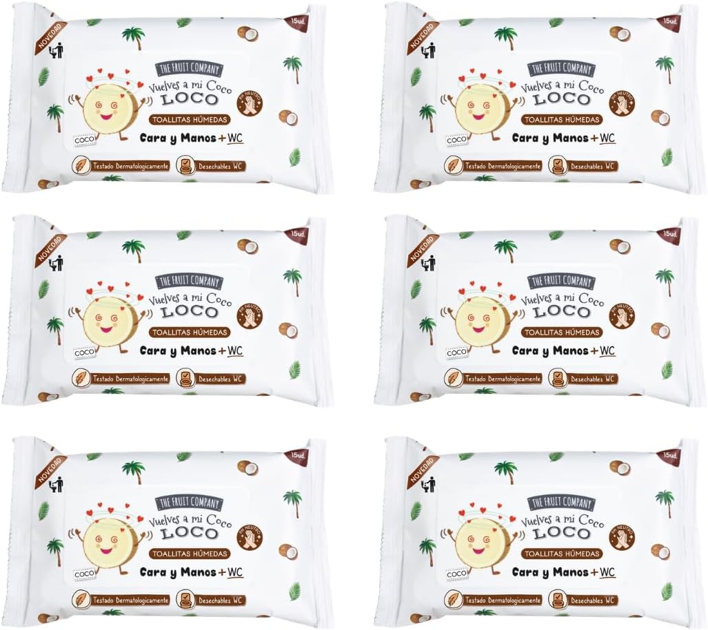 Toallitas Húmedas Coco Pack 6 x 15 uds – The Fruit Company | Cara, Manos y WC, PH Neutro, Con Aloe Vera y Vitamina E, Desechables