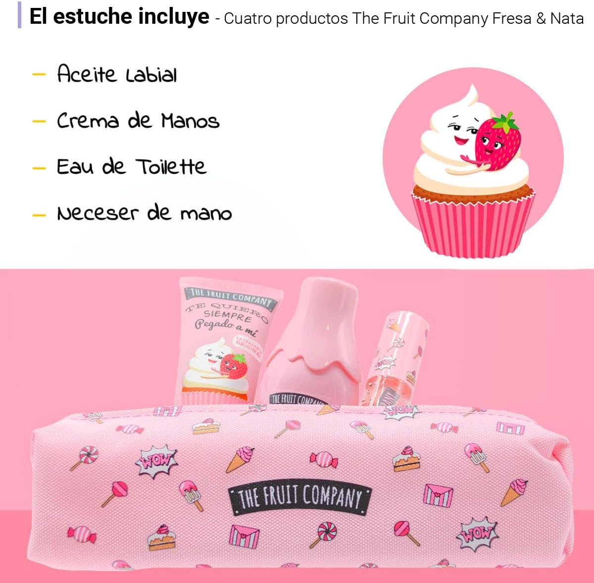 The Fruit Company Set Pack Regalo Fresa y Nata, Aceite Labial, Crema de Manos, Colonia Eau de Toilette, Neceser de Mano. Edición Navidad.