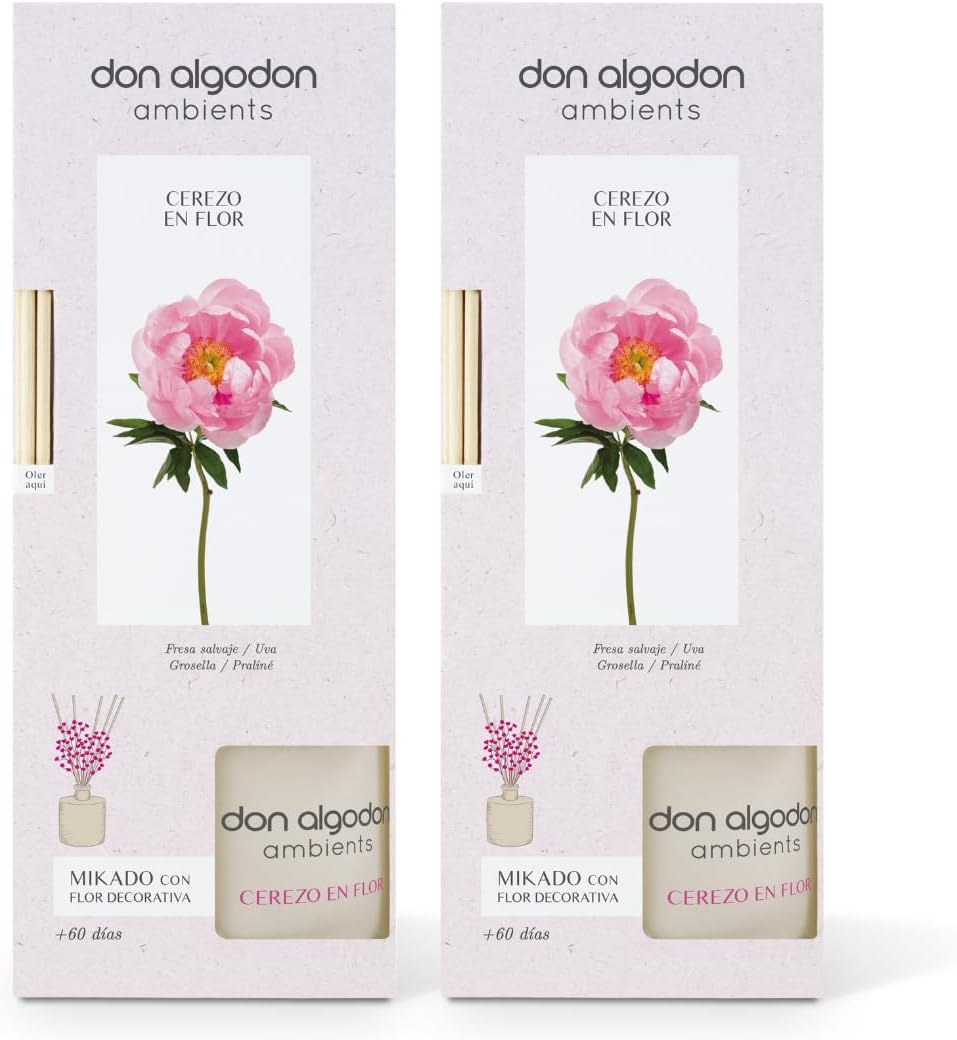 Don Algodon Ambients Ambientador Mikado Flor de Cerezo. Difusor de varillas 0% Alcohol, 60 días duración. (Pack 2 uds. x 60 ml), 1 Unidad (Paquete de 2)