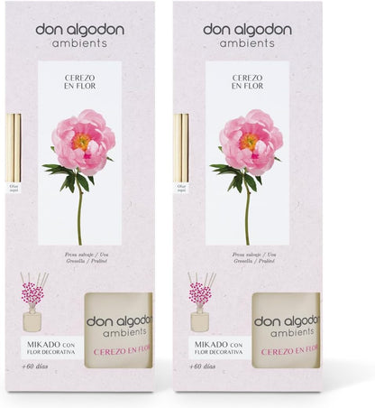 Don Algodon Ambients Ambientador Mikado Flor de Cerezo. Difusor de varillas 0% Alcohol, 60 días duración. (Pack 2 uds. x 60 ml), 1 Unidad (Paquete de 2)