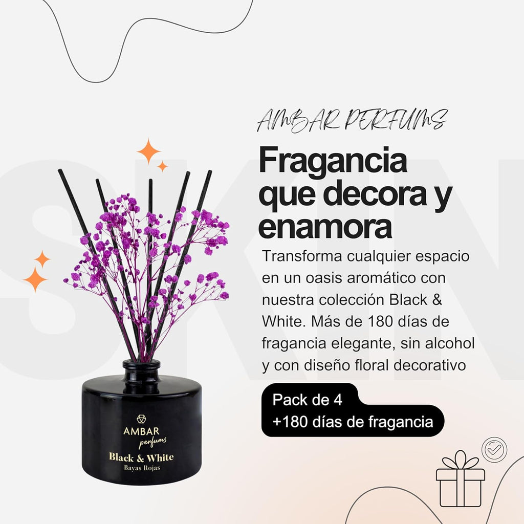 Pack de 4 Mikados Ambientador Ambar perfums Black & White Bayas Rojas