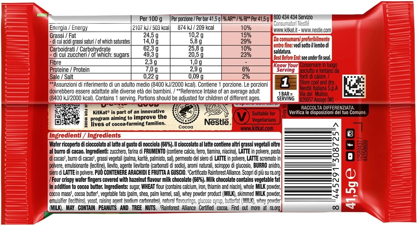 KITKAT Hazelnut Wafer cubierto con chocolate con leche sabor avellanas, 24 aperitivos de 41,5 g (996 g)