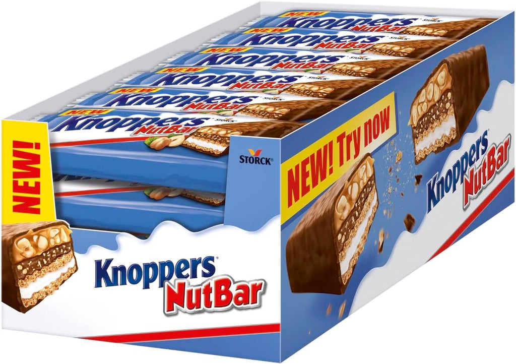Knoppers Nutbar (24x40g) - Barra de barquillo con crema de leche (14,4%), crema de avellanas (14%), avellanas picadas (13,4%) y caramelo suave (22,2%)