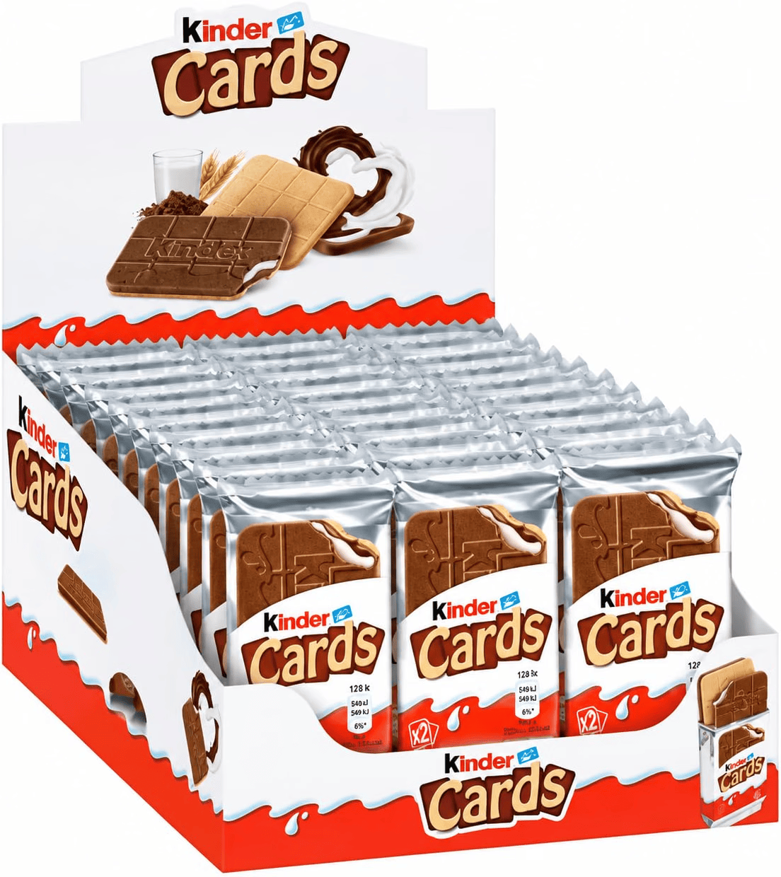 Kinder Cards – Expositor de 30 Unidades, Galleta Crujiente con Cacao y Leche
