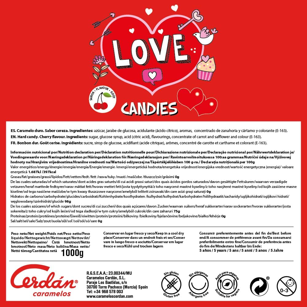 Caramelos Cerdán - Caramelos con forma de corazón | 333 unidades | Sabor a cereza