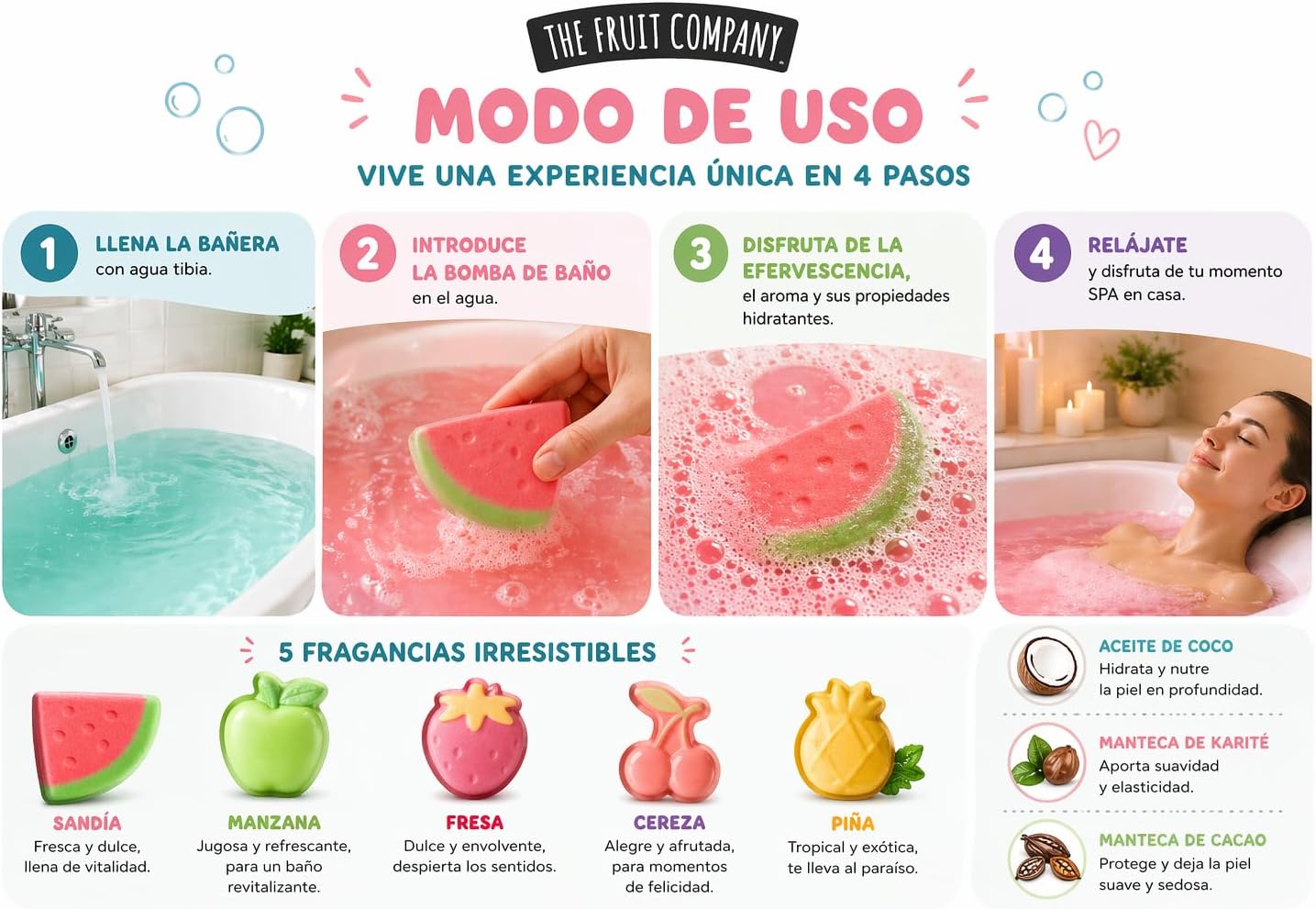 Pack 2 Set Bombas de Baño The Fruit Company (10 Unidades) | Bombas Efervescentes Aromáticas Hidratantes con Aceite de Coco, Karité y Cacao | Spa en Casa, Aromas Frutales, Regalo Mujer