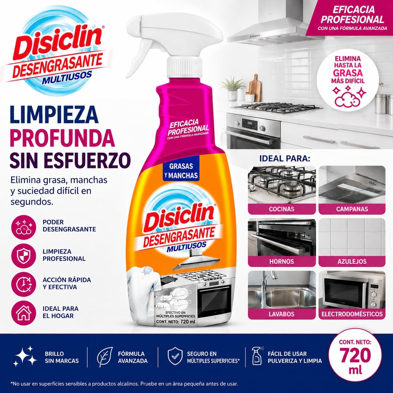 Disiclin Desengrasante Multiusos Spray 720 ml – Limpiador Quitagrasas Potente para Cocina, Horno, Campana, Azulejos y Electrodomésticos – Elimina Grasa y Manchas Difíciles – Limpieza Profesional Hogar