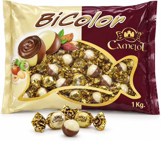 Camelot BiColor – Bombones de Chocolate Bicolor, Piezas Envueltas Individualmente, Bolsa de 1 kg | Chocolates para Compartir, Celebraciones, Eventos y Regalo