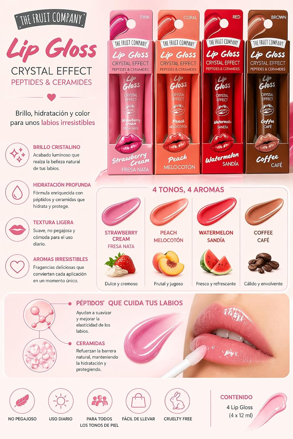 Pack 4 Lip Gloss The Fruit Company Crystal Effect | Brillo Labial con Péptidos y Ceramidas, Hidratación y Efecto Volumen, Sabores Fresa, Melocotón, Sandía y Café