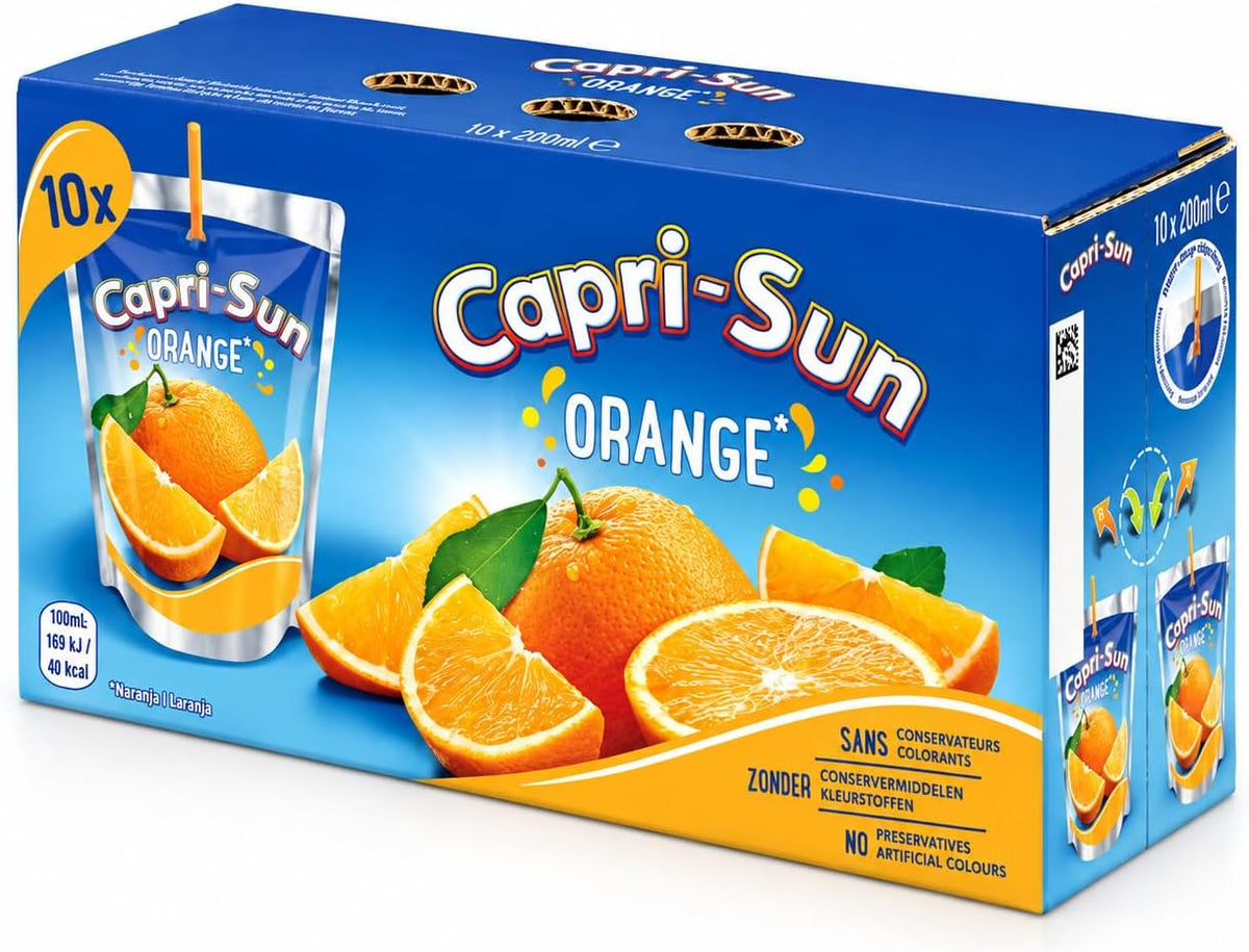 Bebida Capri-Sun Naranja, Pack de 10 x 200 ml, Bebida en bolsa con pajita, Sin conservantes ni colorantes artificiales, Tamaño individual para llevar