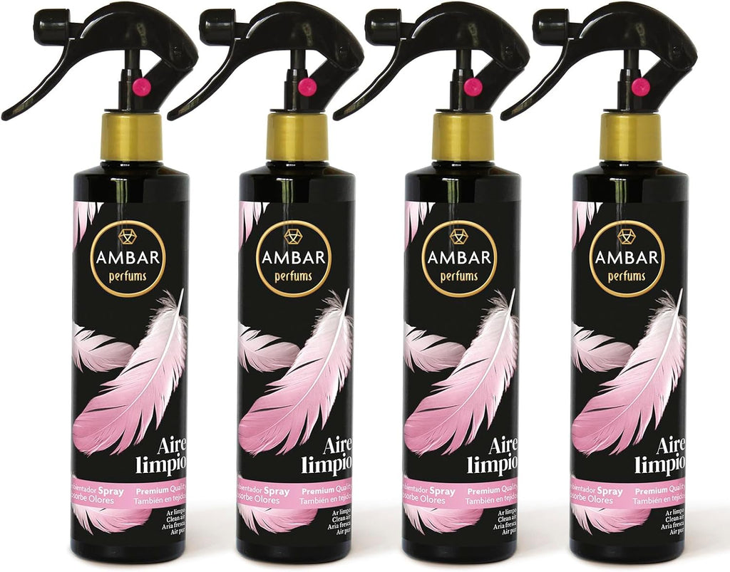 Ambar Perfums - Ambientador Spray Absorbe Olores Aire Limpio Pack de 4 uds de 280 ml.