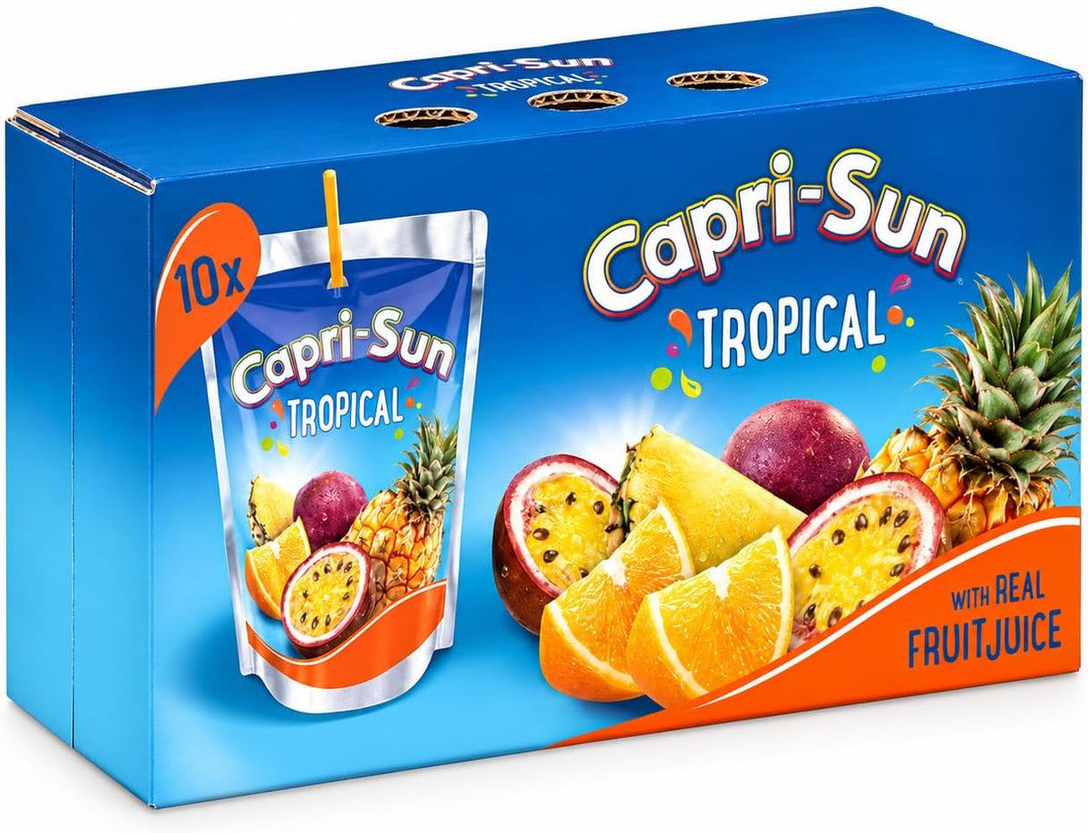 Bebidas Capri-Sun sabor tropical, paquete de 10 x 200 ml, bebida en bolsa con pajita, sin conservantes ni colorantes artificiales, formato individual para llevar.
