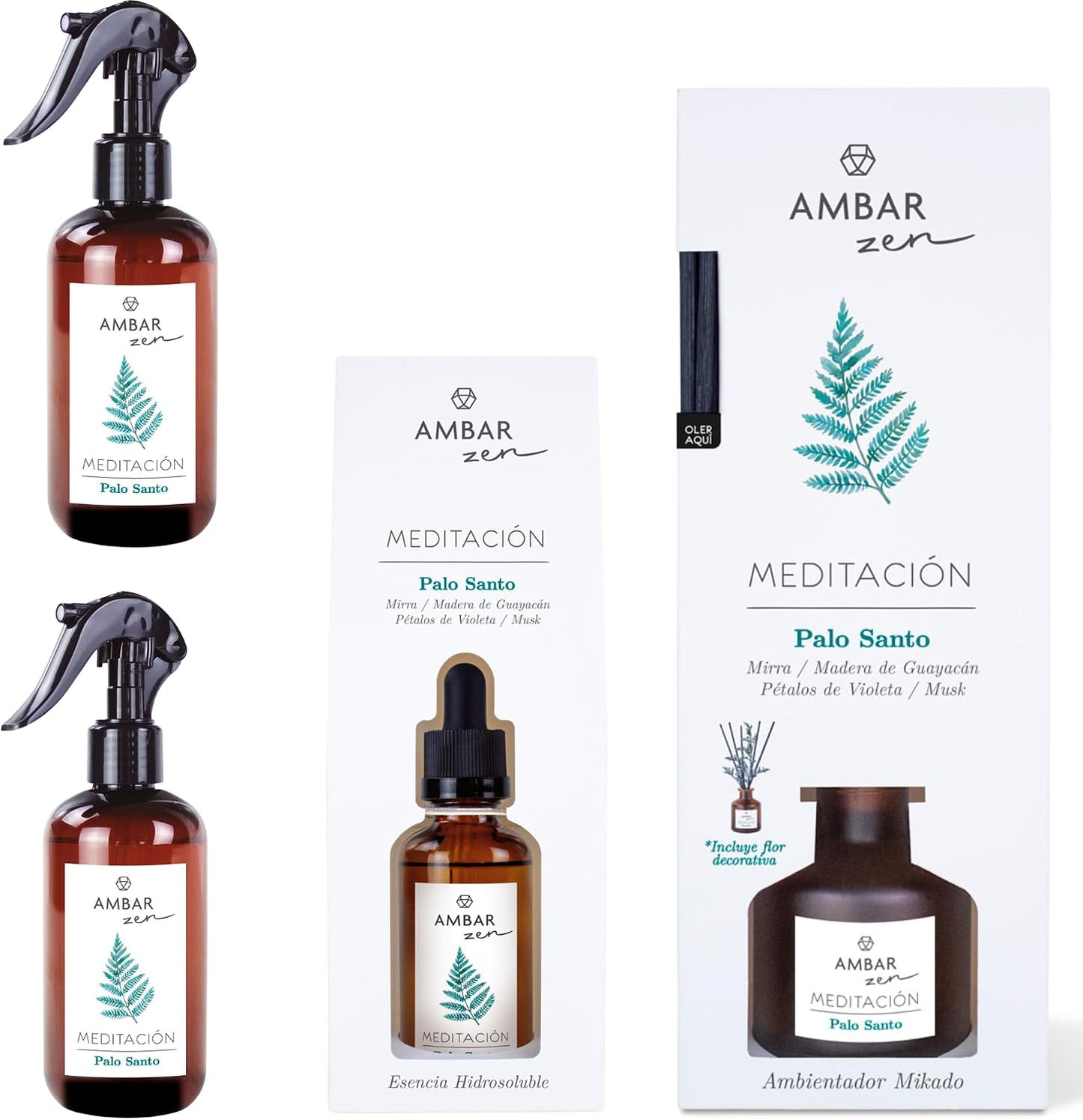 Palo Santo Aromatization Pack - Spray 225ml x2, Humidifier Essence 50ml and Mikado 40ml | Fragrance musk of Amber Perfums for Home