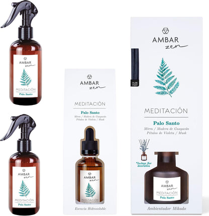 Palo Santo Aromatization Pack - Spray 225ml x2, Humidifier Essence 50ml and Mikado 40ml | Fragrance musk of Amber Perfums for Home