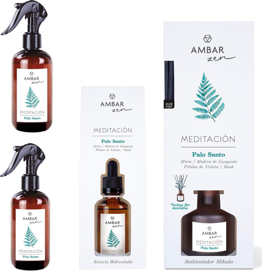 Palo Santo Aromatization Pack - Spray 225ml x2, Humidifier Essence 50ml and Mikado 40ml | Fragrance musk of Amber Perfums for Home